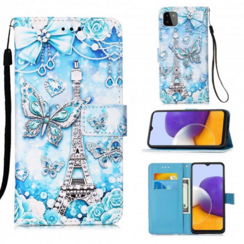 Capa Folio Para Samsung Galaxy A22 5G De Cordão Correia Borboleta Torre Eiffel