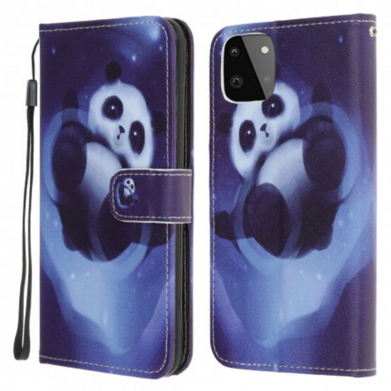 Capa Folio Para Samsung Galaxy A22 5G De Cordão Espaço Panda Com Lanyard