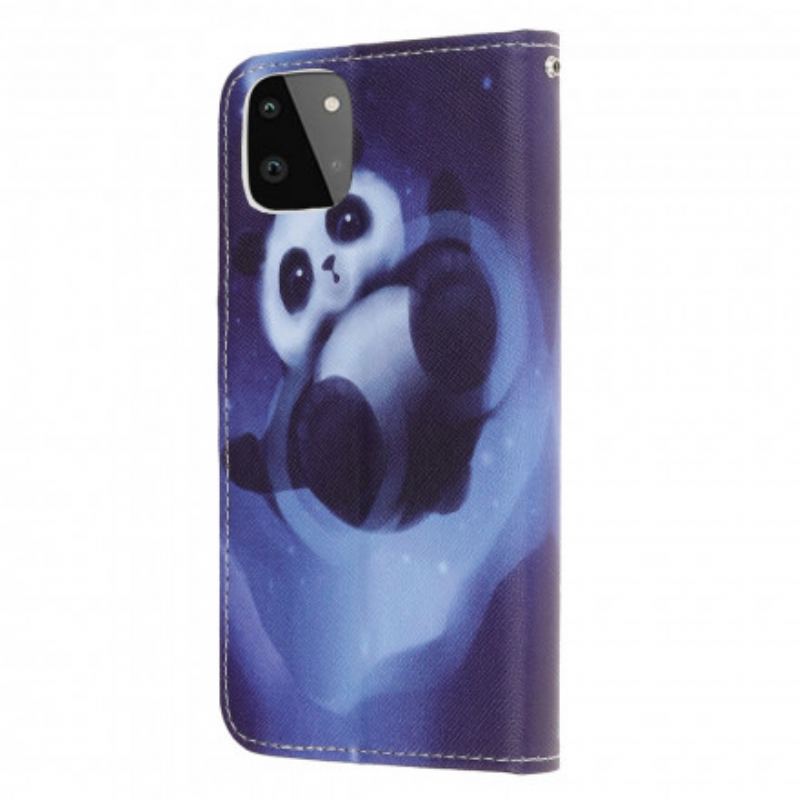 Capa Folio Para Samsung Galaxy A22 5G De Cordão Espaço Panda Com Lanyard