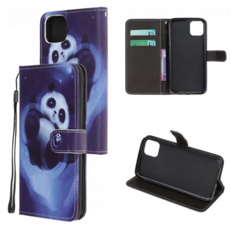 Capa Folio Para Samsung Galaxy A22 5G De Cordão Espaço Panda Com Lanyard