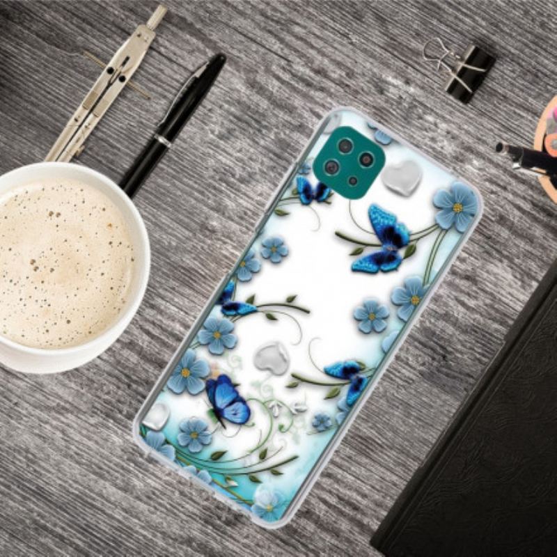 Capa Para Samsung Galaxy A22 5G Borboletas E Flores Retrô Sem Costura