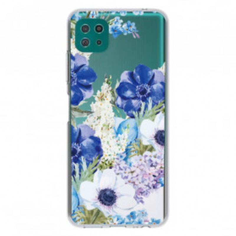 Capa Para Samsung Galaxy A22 5G Flores Azuis Em Aquarela Sem Costura