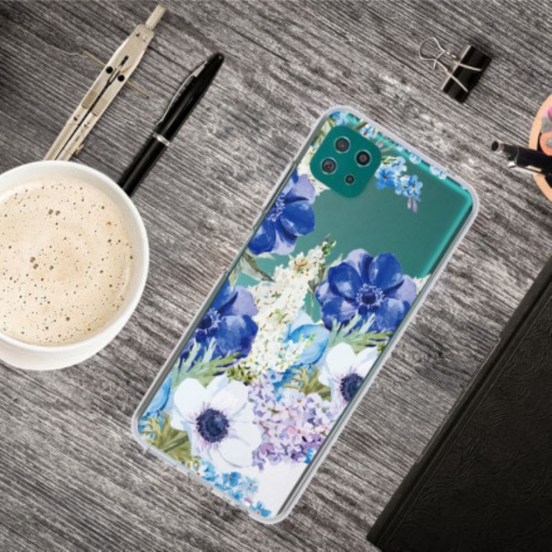 Capa Para Samsung Galaxy A22 5G Flores Azuis Em Aquarela Sem Costura