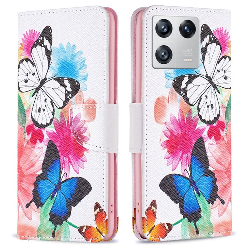 Capa De Couro Para Xiaomi 13 Aquarela Borboletas