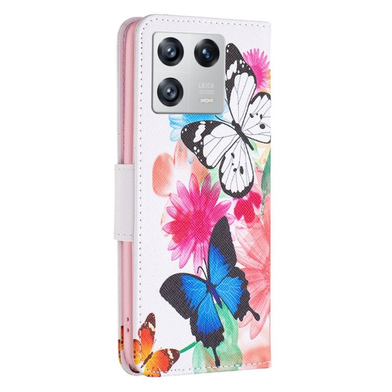 Capa De Couro Para Xiaomi 13 Aquarela Borboletas