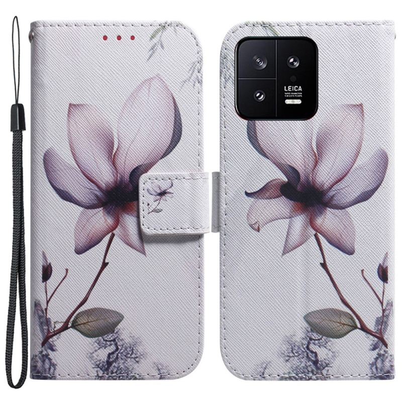 Capa De Couro Para Xiaomi 13 De Cordão Flor De Rosa Com Tiras