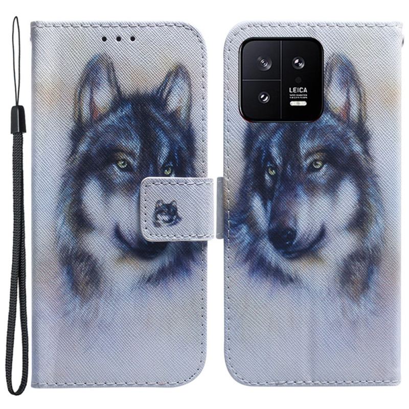 Capa De Couro Para Xiaomi 13 De Cordão Strappy Aquarela Lobo