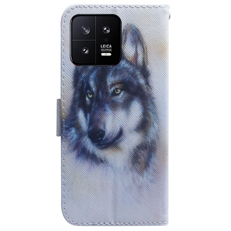 Capa De Couro Para Xiaomi 13 De Cordão Strappy Aquarela Lobo