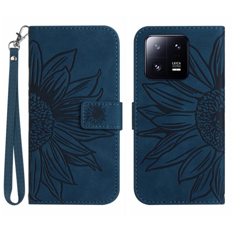 Capa De Couro Para Xiaomi 13 Flor Com Cordão