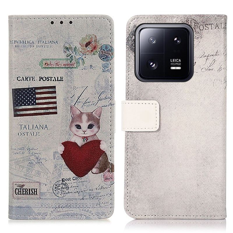 Capa De Couro Para Xiaomi 13 Gato Viajante