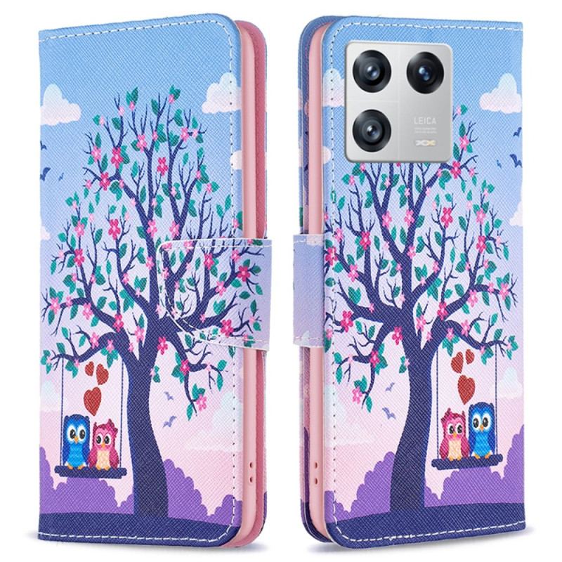 Capa Em Pele Para Xiaomi 13 Corujas No Balanço