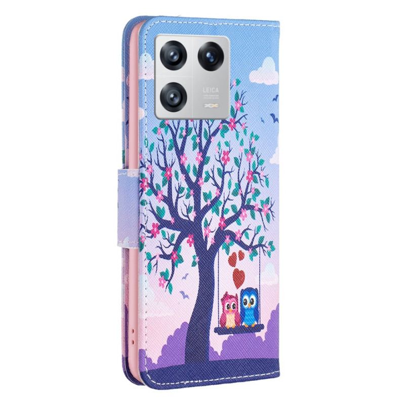 Capa Em Pele Para Xiaomi 13 Corujas No Balanço