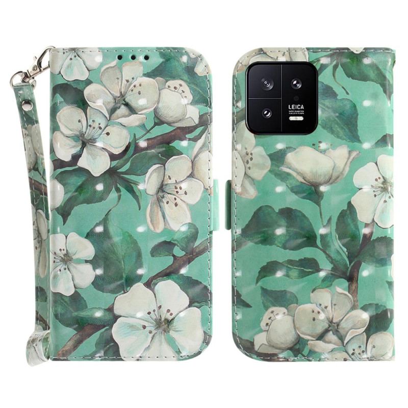 Capa Flip Para Xiaomi 13 De Cordão Flores Brancas Com Tiras