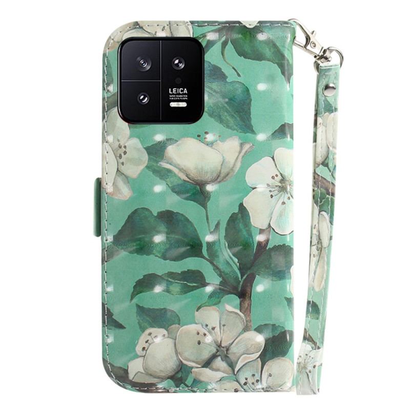 Capa Flip Para Xiaomi 13 De Cordão Flores Brancas Com Tiras