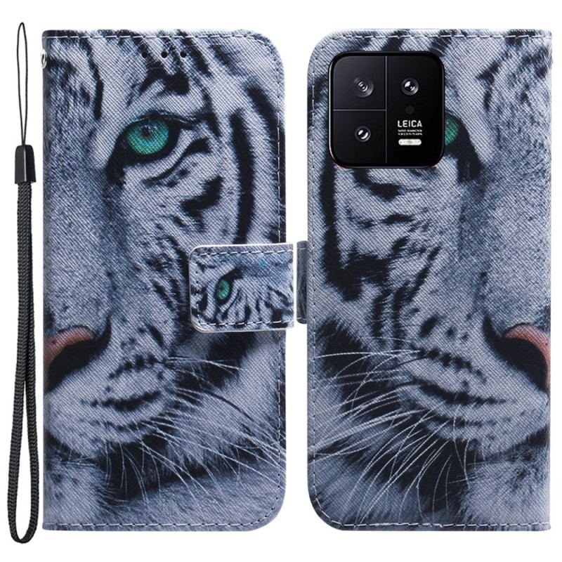 Capa Flip Para Xiaomi 13 De Cordão Tira Tigre Branco