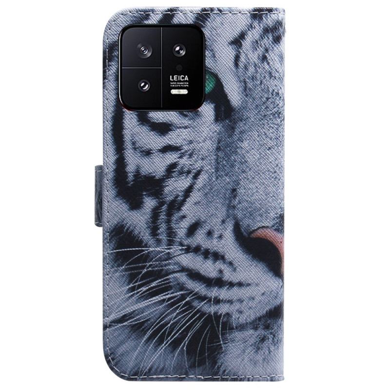 Capa Flip Para Xiaomi 13 De Cordão Tira Tigre Branco