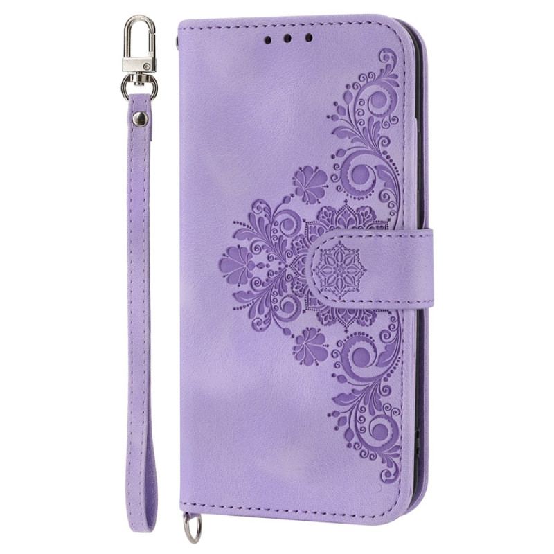 Capa Flip Para Xiaomi 13 Flores De Renda Com Alça E Alça De Ombro