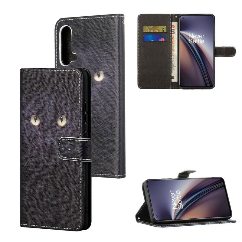 Capa Flip Para OnePlus Nord CE 5G De Cordão Olhos De Gato Preto Com Tiras