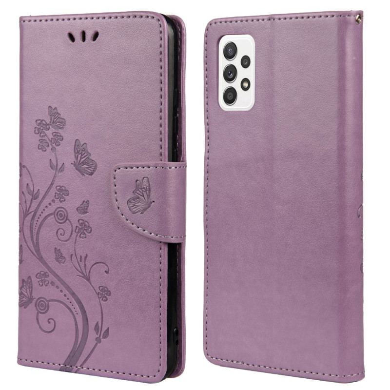 Capa Em Pele Para Samsung Galaxy A23 5G De Cordão Flores E Borboletas Com Alça