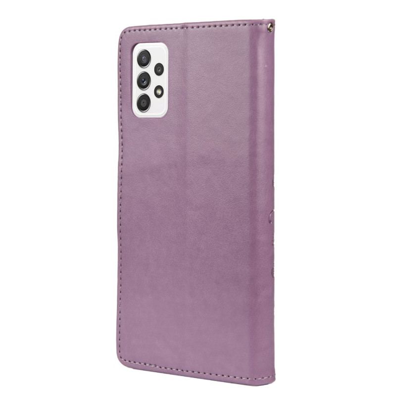 Capa Em Pele Para Samsung Galaxy A23 5G De Cordão Flores E Borboletas Com Alça