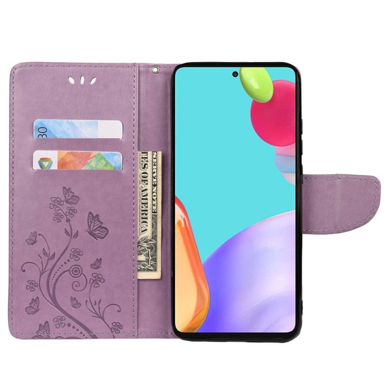 Capa Em Pele Para Samsung Galaxy A23 5G De Cordão Flores E Borboletas Com Alça