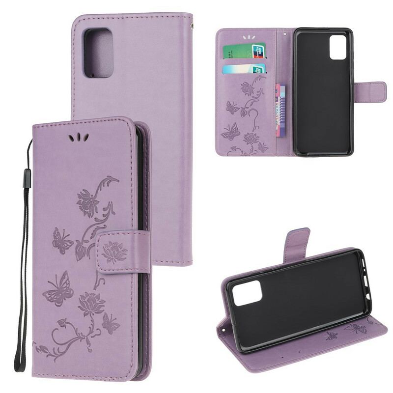 Capa De Couro Para Samsung Galaxy A72 4G / A72 5G De Cordão Tanga Borboletas E Flores