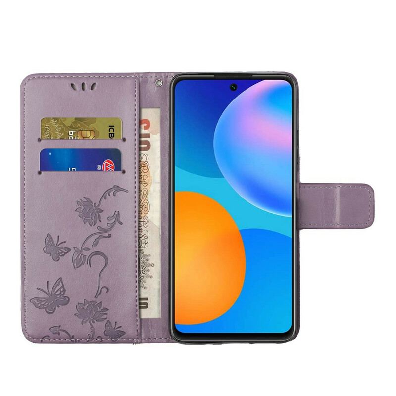 Capa De Couro Para Samsung Galaxy A72 4G / A72 5G De Cordão Tanga Borboletas E Flores