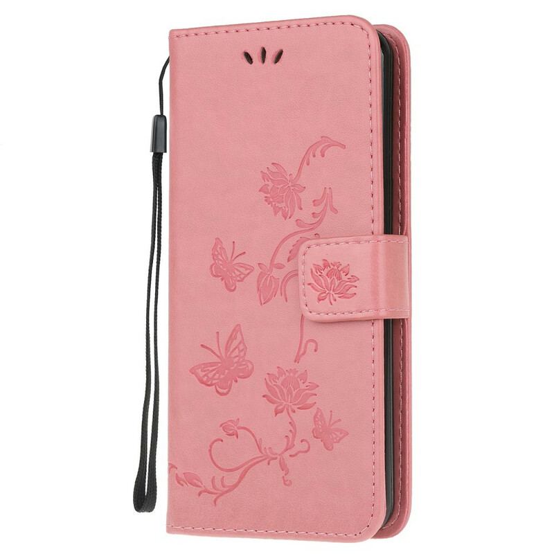 Capa De Couro Para Samsung Galaxy A72 4G / A72 5G De Cordão Tanga Borboletas E Flores