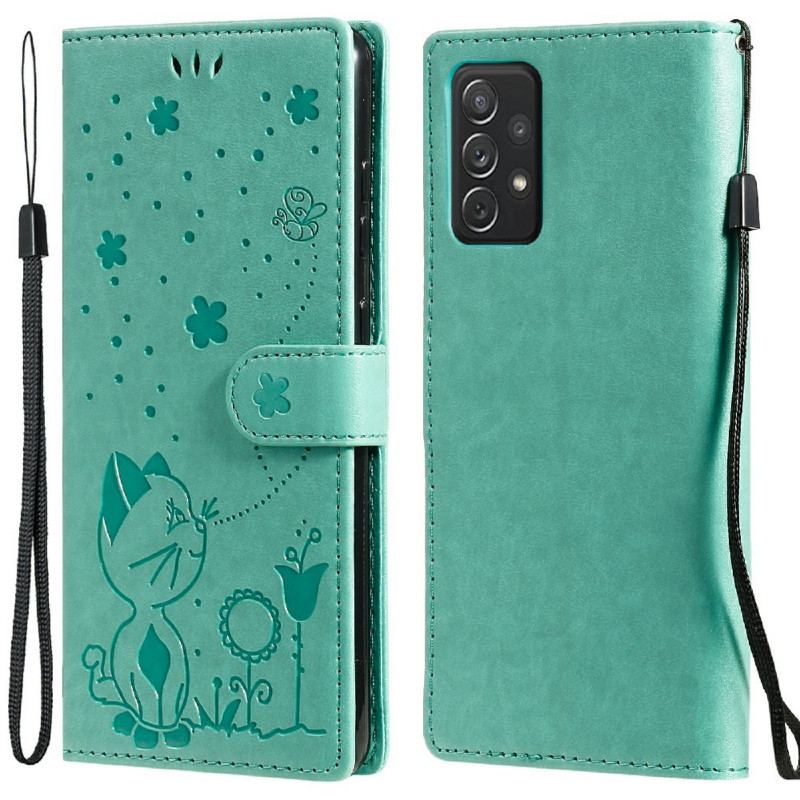 Capa Flip Para Samsung Galaxy A72 4G / A72 5G De Cordão Gato E Abelha Com Cordão