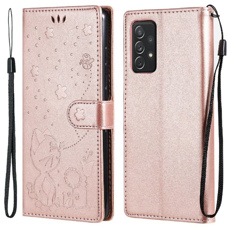 Capa Flip Para Samsung Galaxy A72 4G / A72 5G De Cordão Gato E Abelha Com Cordão