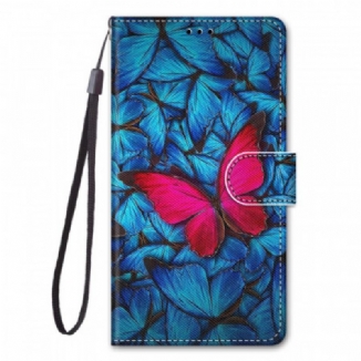 Capa De Couro Para Samsung Galaxy M53 5G Borboleta Vermelha Fundo Azul