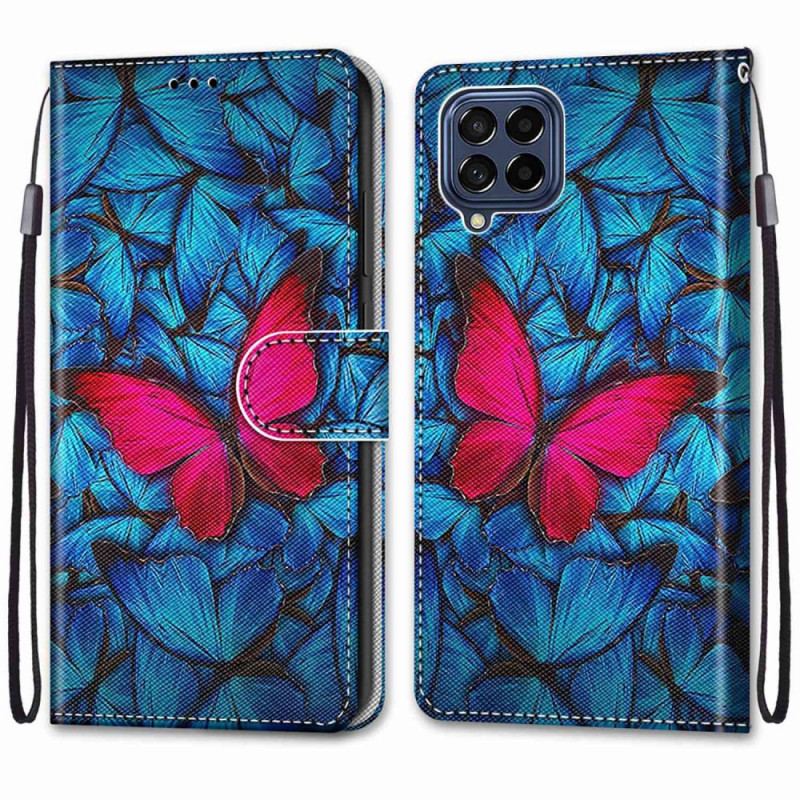 Capa De Couro Para Samsung Galaxy M53 5G Borboleta Vermelha Fundo Azul