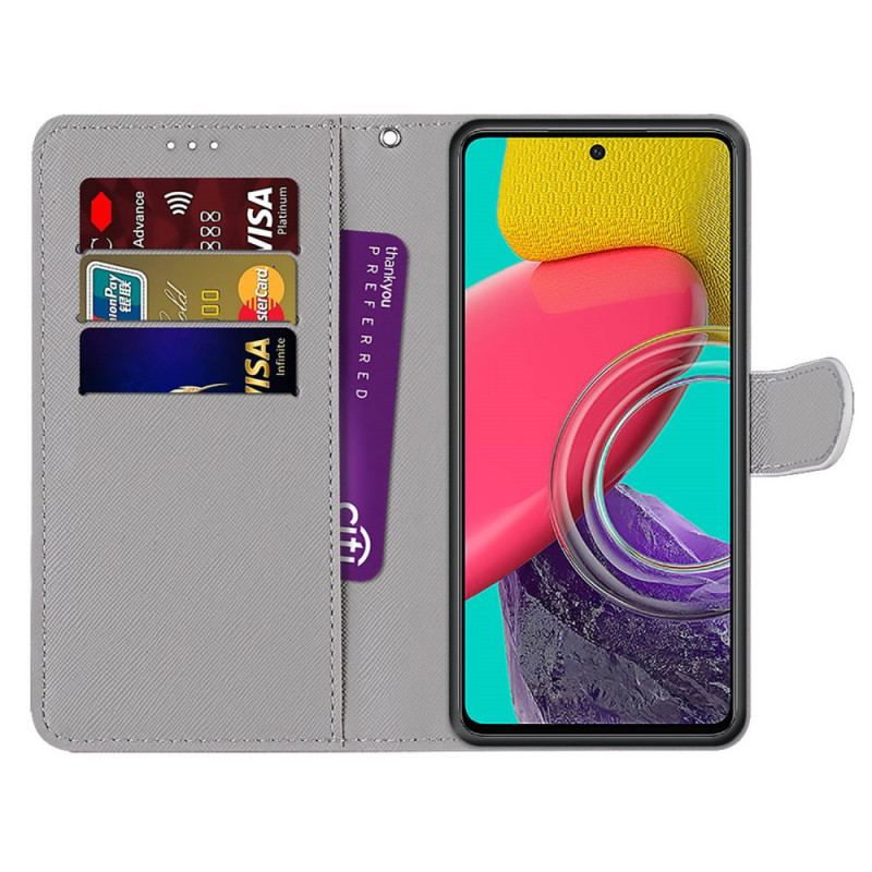 Capa De Couro Para Samsung Galaxy M53 5G Borboleta Vermelha Fundo Azul