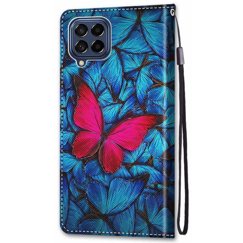 Capa De Couro Para Samsung Galaxy M53 5G Borboleta Vermelha Fundo Azul