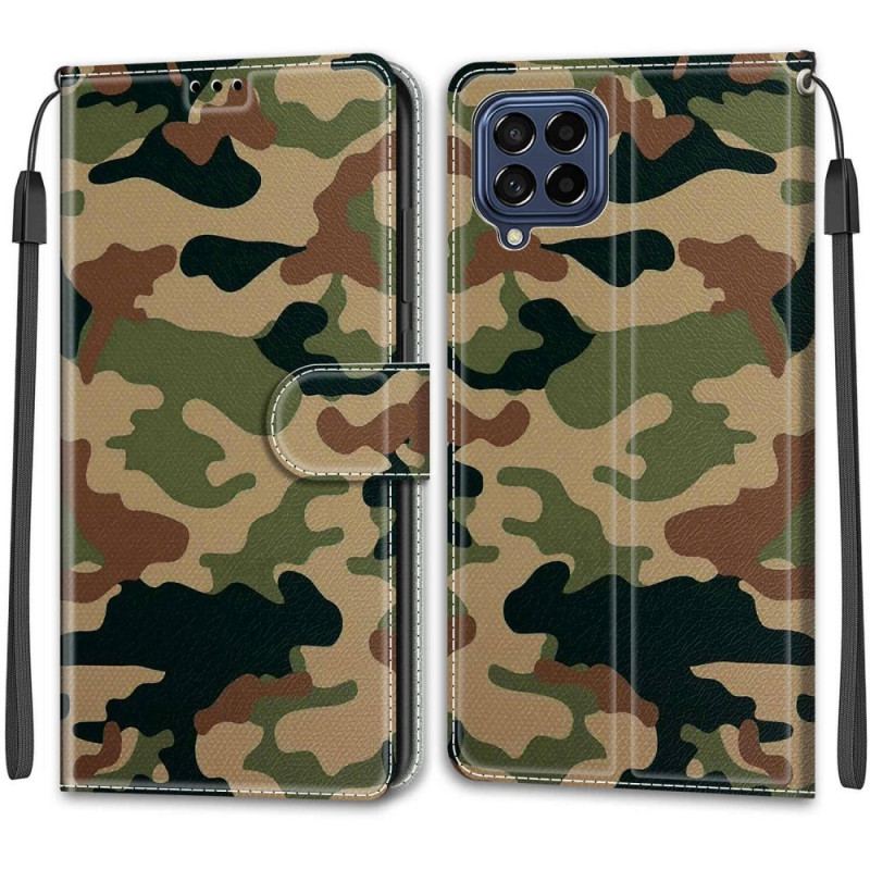 Capa De Couro Para Samsung Galaxy M53 5G De Cordão Camuflagem Com Tiras