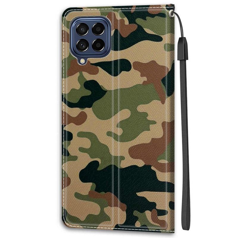 Capa De Couro Para Samsung Galaxy M53 5G De Cordão Camuflagem Com Tiras