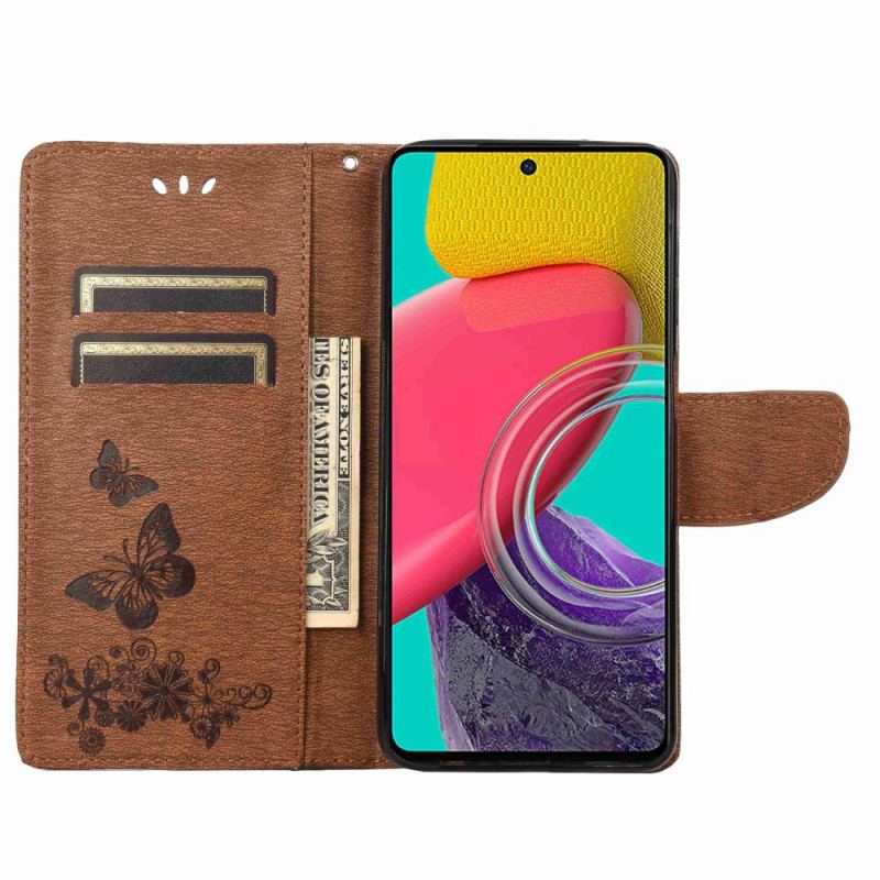 Capa De Couro Para Samsung Galaxy M53 5G De Cordão Design De Borboletas Com Tiras