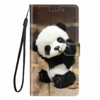 Capa De Couro Para Samsung Galaxy M53 5G De Cordão Pequeno Panda Com Alça