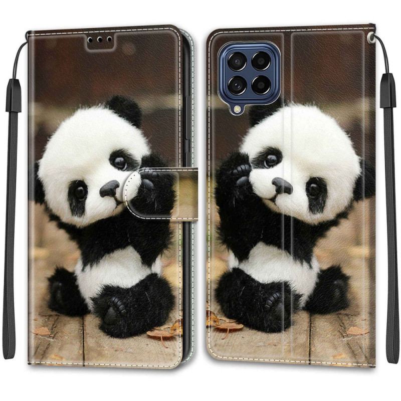 Capa De Couro Para Samsung Galaxy M53 5G De Cordão Pequeno Panda Com Alça