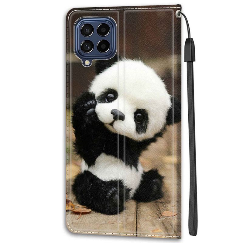 Capa De Couro Para Samsung Galaxy M53 5G De Cordão Pequeno Panda Com Alça