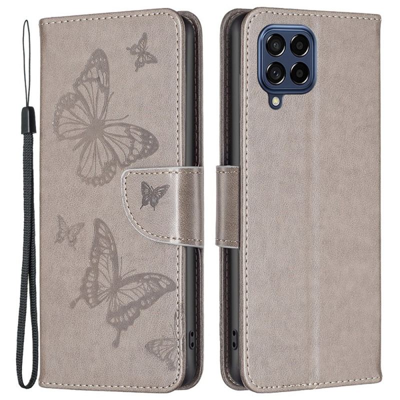 Capa De Couro Para Samsung Galaxy M53 5G De Cordão Strappy Estampado Borboletas