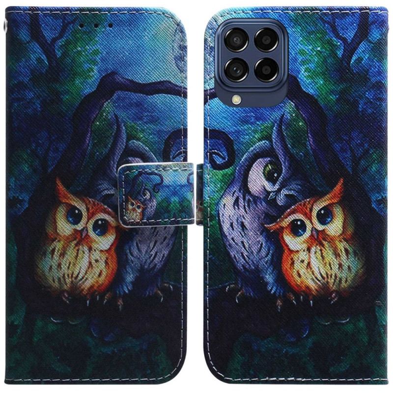 Capa De Couro Para Samsung Galaxy M53 5G Corujas Pintando