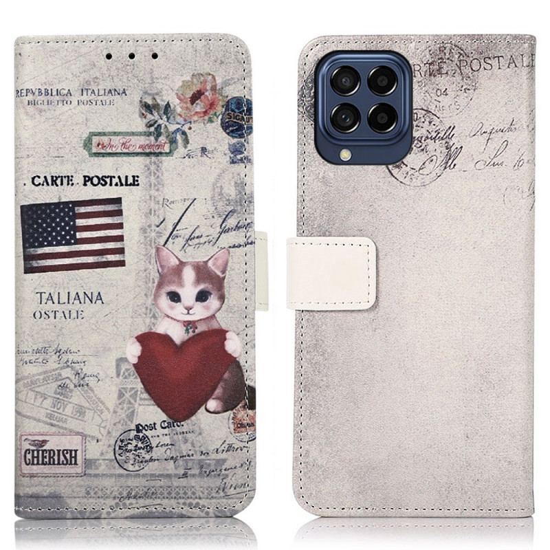 Capa De Couro Para Samsung Galaxy M53 5G Gato Viajante