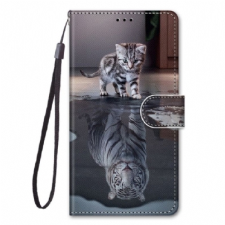 Capa Em Pele Para Samsung Galaxy M53 5G De Cordão Gatinho Cinza Com Alça