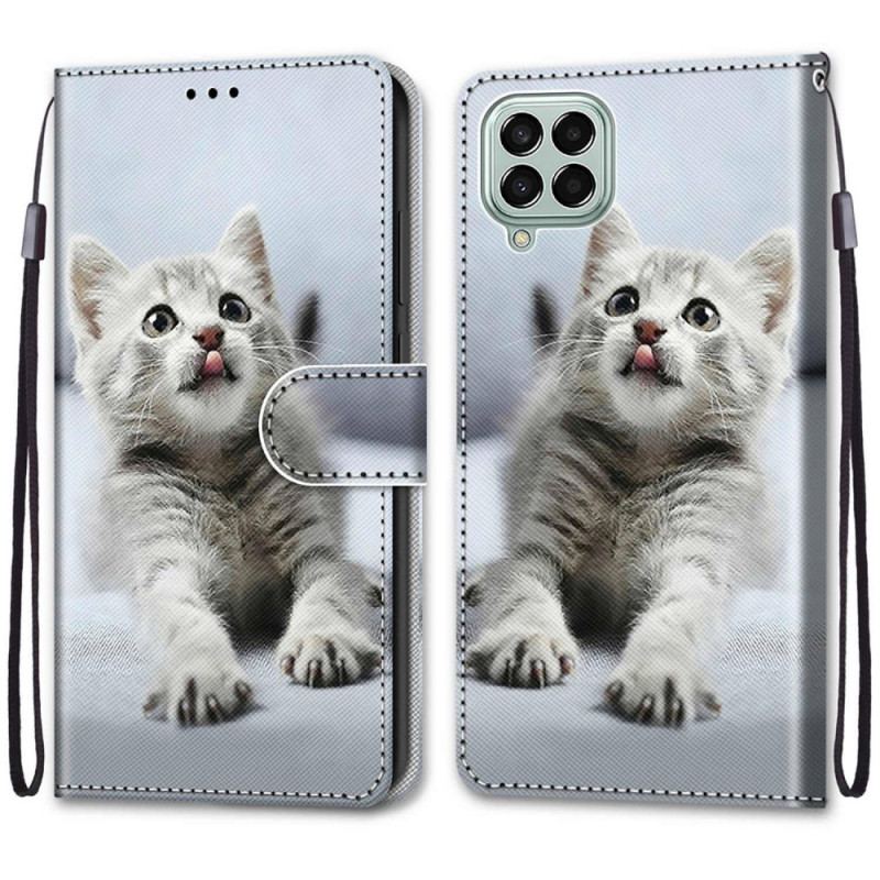 Capa Em Pele Para Samsung Galaxy M53 5G De Cordão Gatinho Cinza Com Alça