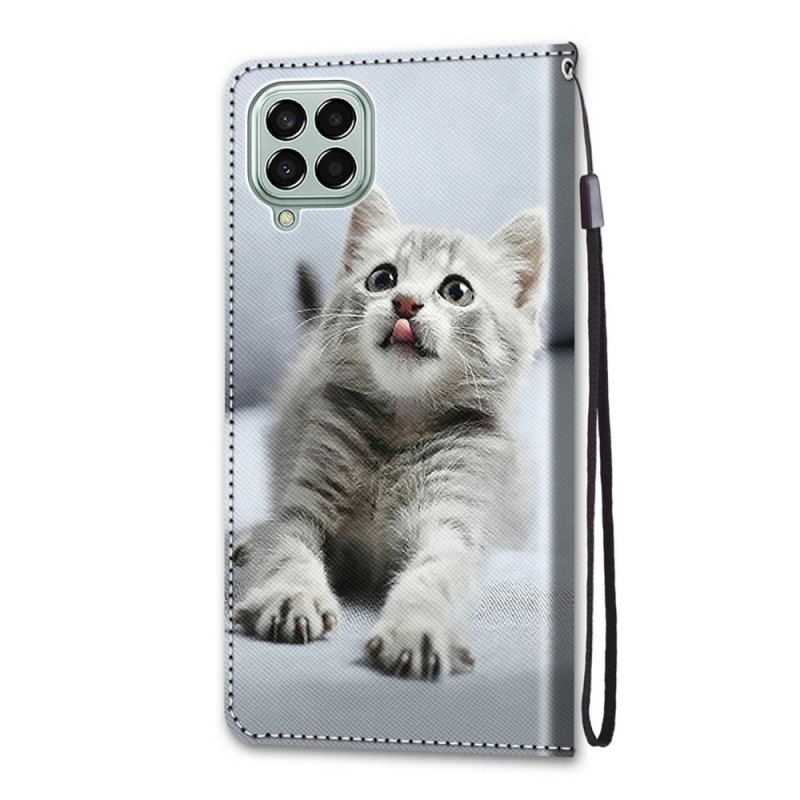 Capa Em Pele Para Samsung Galaxy M53 5G De Cordão Gatinho Cinza Com Alça