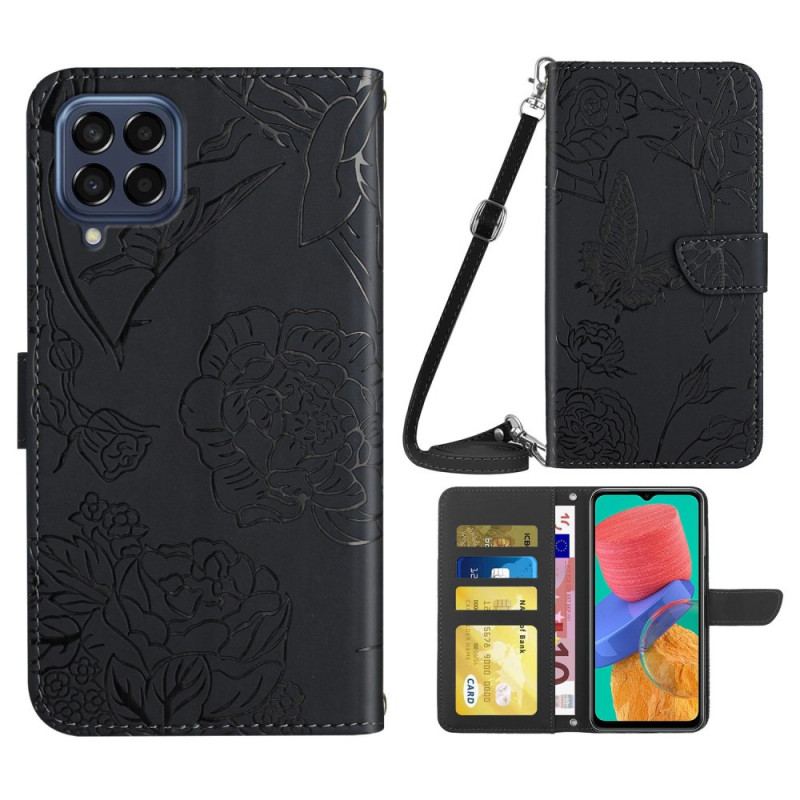 Capa Flip Para Samsung Galaxy M53 5G Borboletas E Alça De Ombro