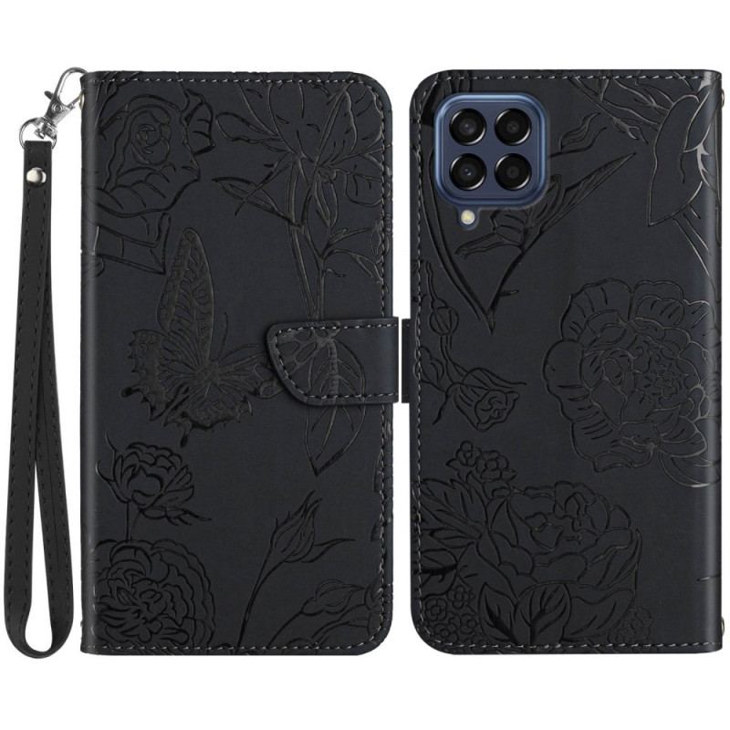 Capa Folio Para Samsung Galaxy M53 5G Borboletas Discretas E Cordão