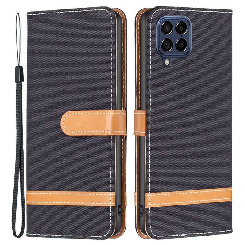 Capa Folio Para Samsung Galaxy M53 5G De Cordão Correia Efeito Tecido E Couro