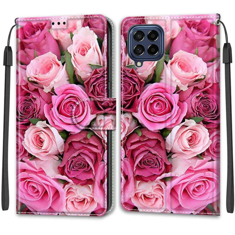 Capa Folio Para Samsung Galaxy M53 5G Rosas Com Cordão